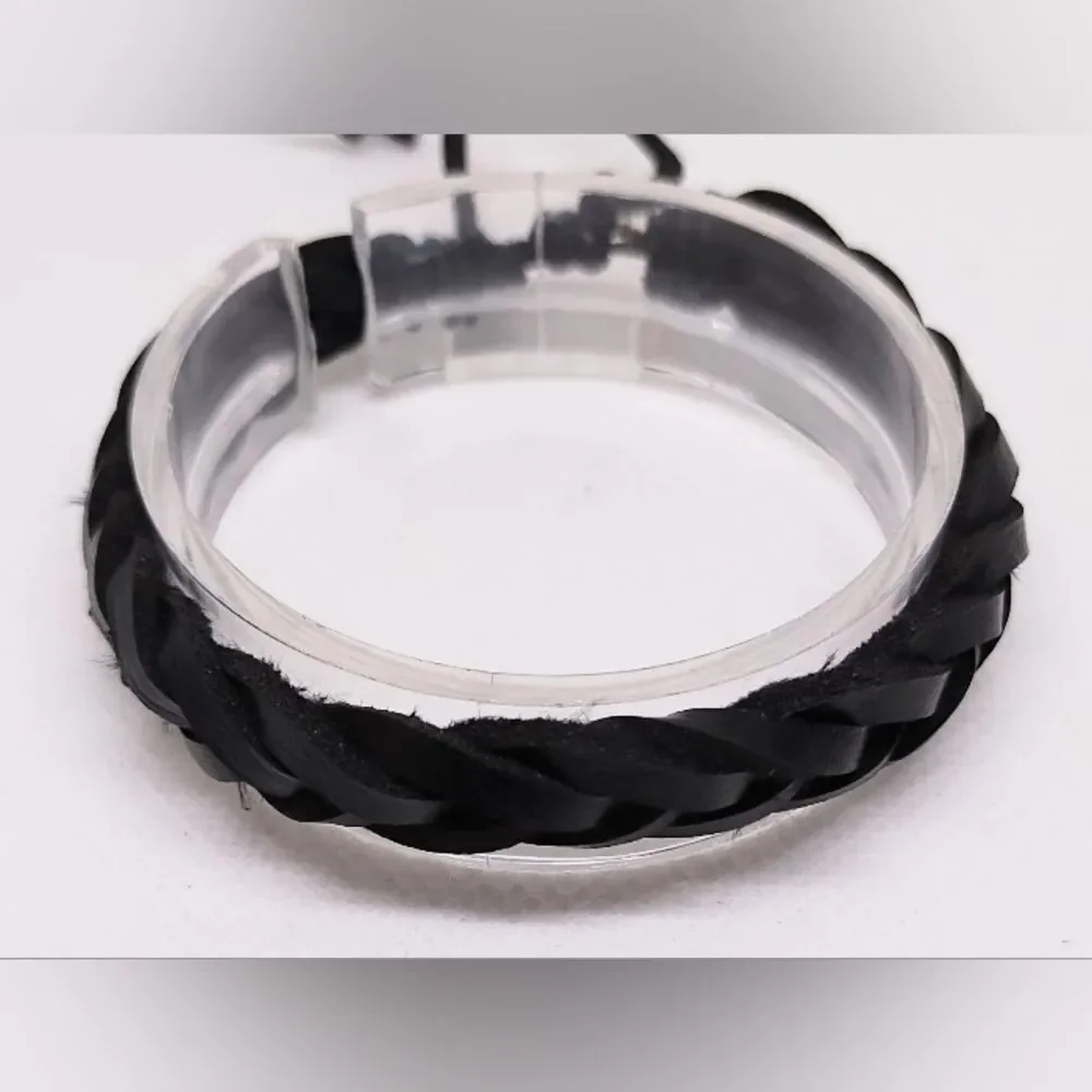 Men's bracelet leather braided black new e72‎